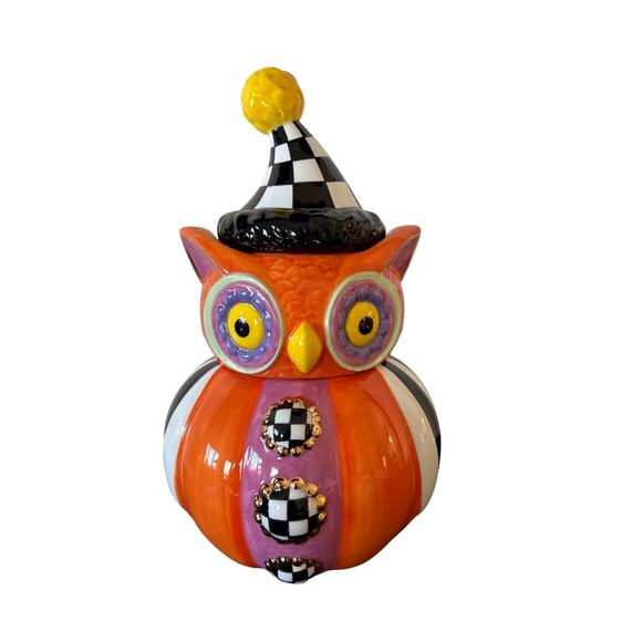 Mackenzie Childs Trick or Treat Owl Stacked Candy Dish Ceramic Orange Check New - Picture 10 of 10